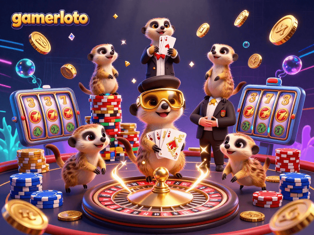 Experience excitement at gamerloto with meerkats managing a dynamic casino scene filled with gold and gems.