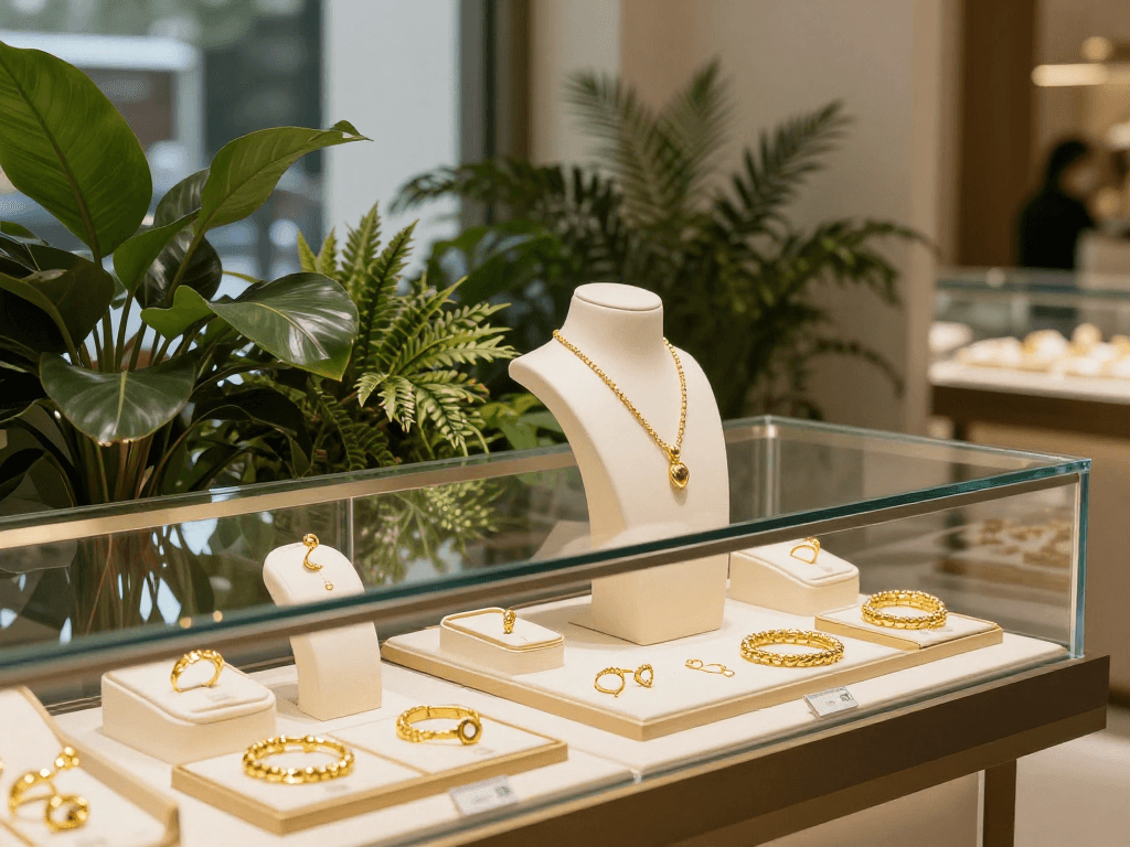 Refined jewelry showcasing mantra88 gold pieces in a luxurious boutique