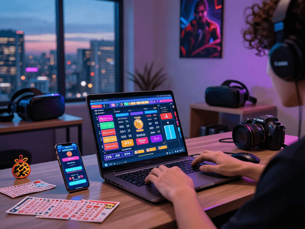 Engaging scene of situs togel betting with colorful interface and modern gambling atmosphere.