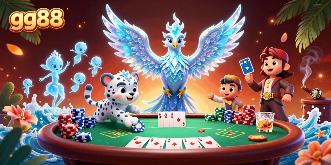 Play exciting poker at gg88 with an ice phoenix and dancing ice sprites in a vibrant scene.