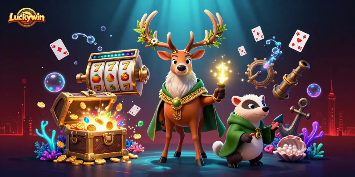 Experience Luckywin's vibrant casino adventure with colorful slot reels and dynamic characters.