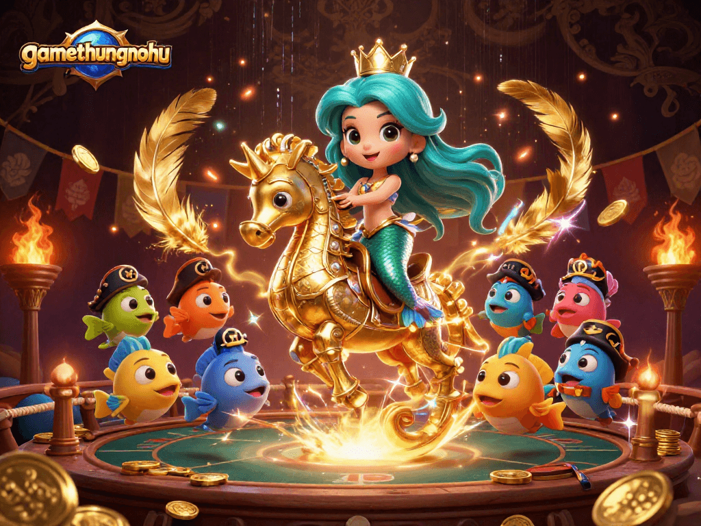 Experience vibrant gambling with gamethuongnohu as a mermaid princess and seahorse navigate a casino realm.