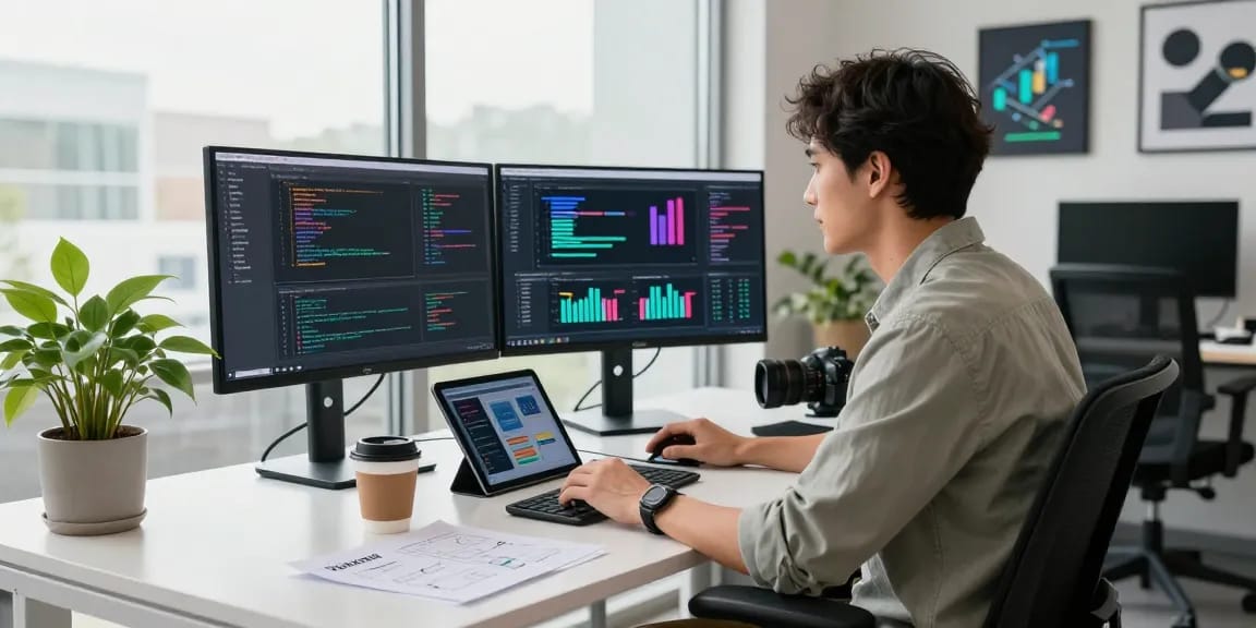 Creative workspace showcasing a developer coding on multiple monitors at https://www.www456bd.com/ with a vibrant office ambiance.