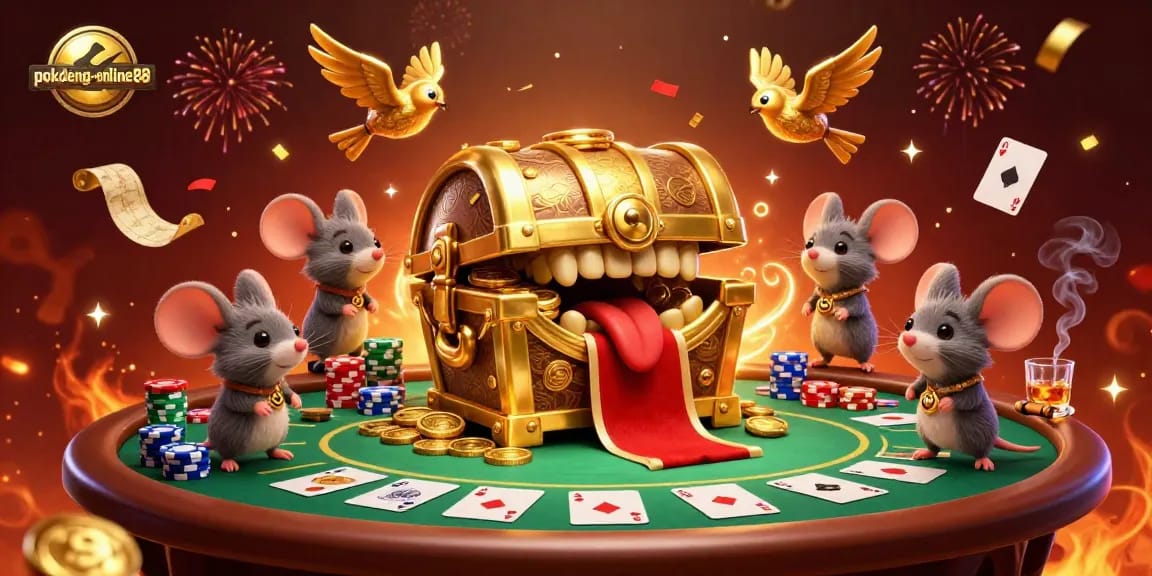 Experience thrilling gameplay with pokdeng-online88, featuring a rich 3D illustration of a treasure chest amidst vibrant casino elements.