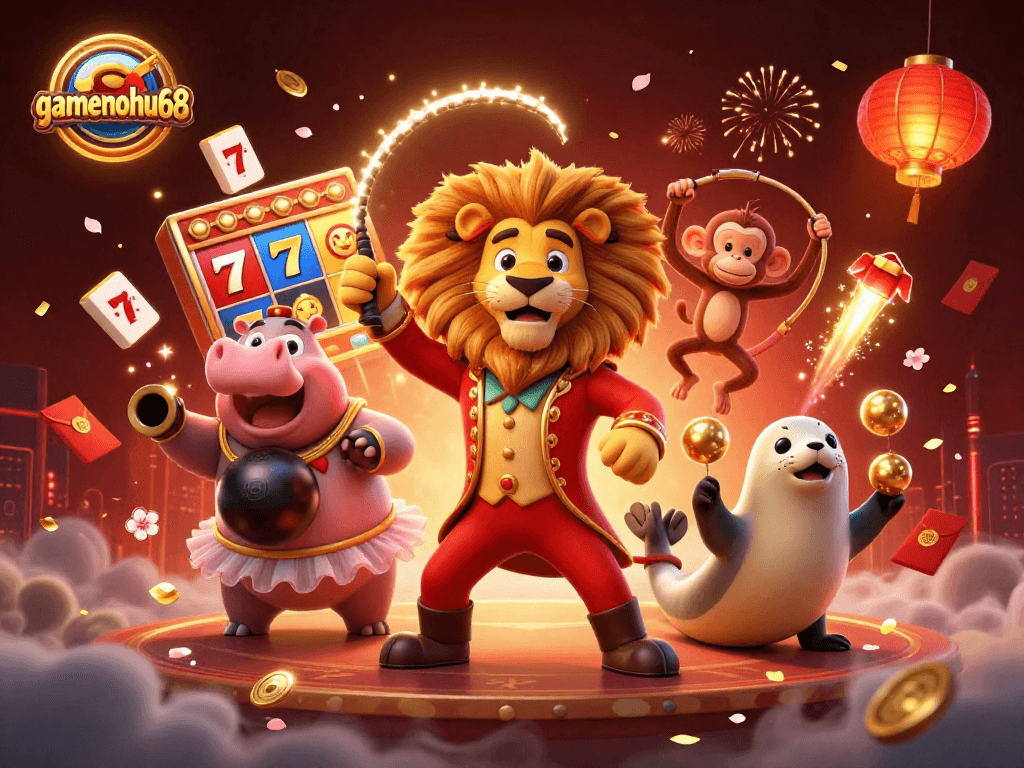 Experience the excitement of gamenohu68 with a vibrant array of slot reels and dynamic casino characters.
