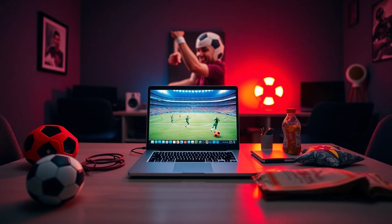 Menyaksikan bolakami streaming di laptop dengan antusias, dikelilingi oleh memorabilia sepak bola.
