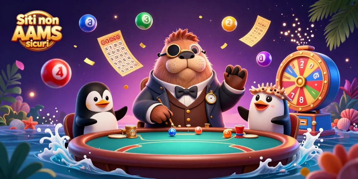I migliori Siti non AAMS sicuri rappresentati in un'illustrazione vivace con un tricheco, un pinguino e un pesce palla al tavolo da poker.