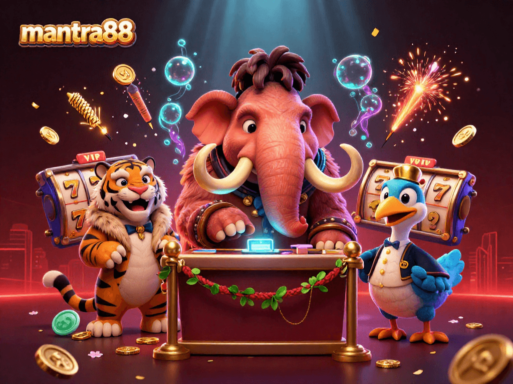 Engage in thrilling slots at mantra88 with vivid casino atmosphere featuring cartoon characters.