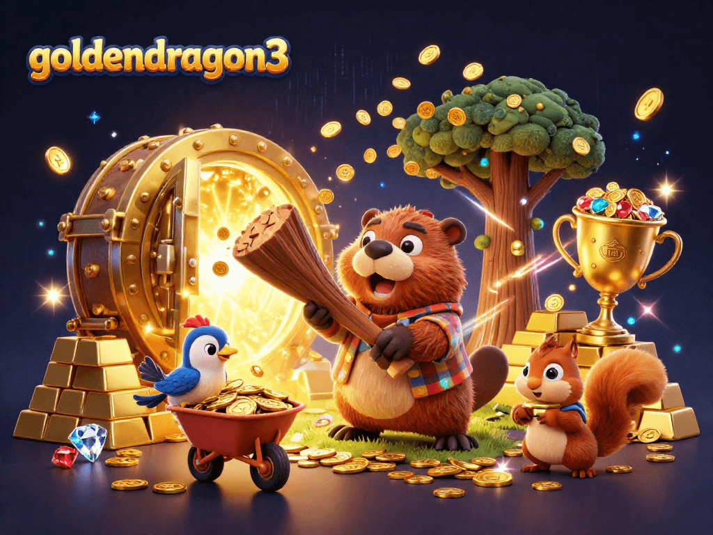 Experience wealth and fun with goldendragon3 as the 3D cartoon beaver chops coins raining down in a vivid casino scene.