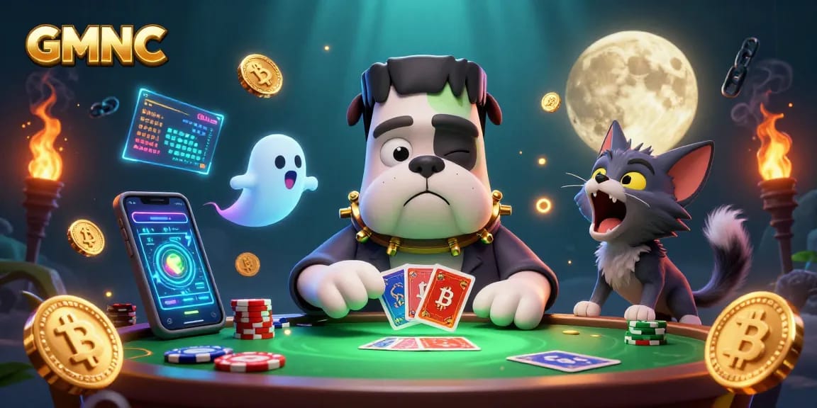 GMNC showcases a vibrant 3D casino scene with a Frankenstein bulldog and glowing crypto coins.