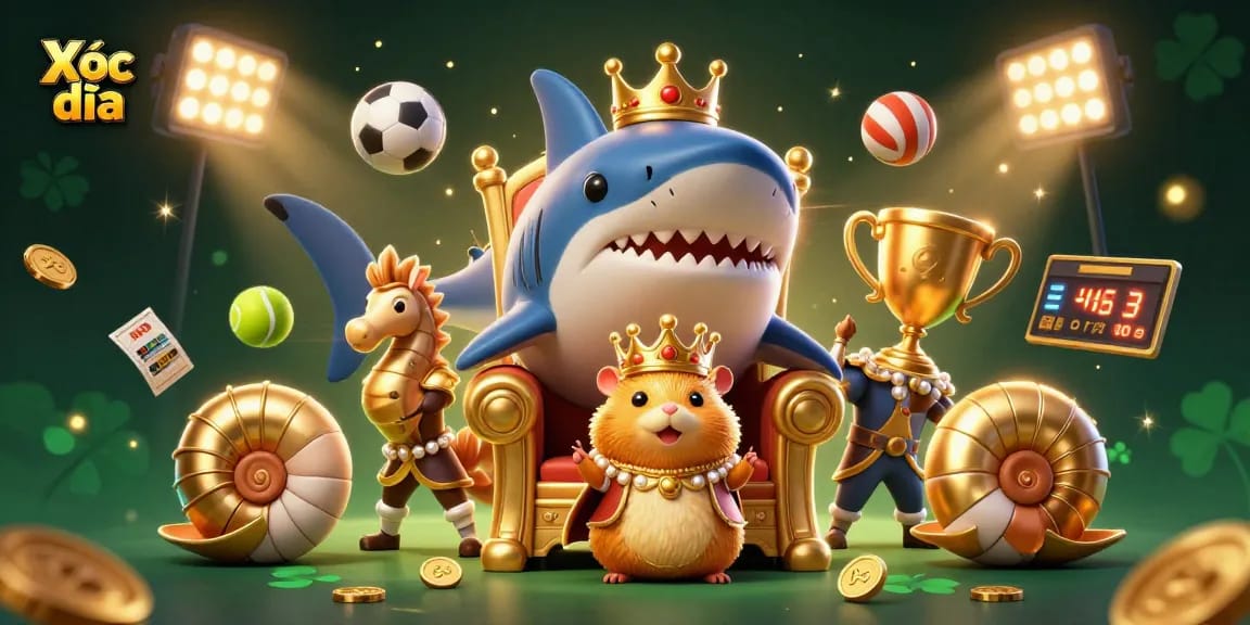 Experience the thrilling Xóc đĩa game with a vibrant 3D scene featuring dynamic sports elements and royal characters.