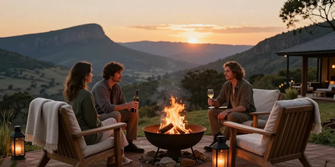 Romantic evening scene showcasing Magaliesberg Accommodation, couple enjoying a sunset at a mountain lodge.