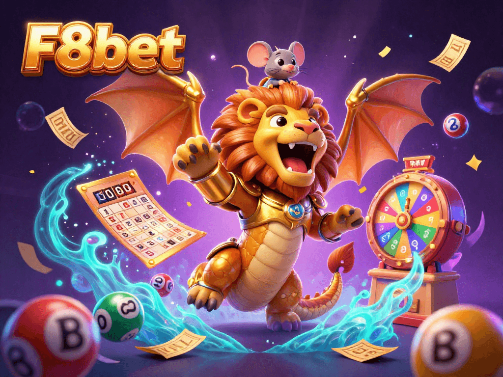 Experience the thrilling world of F8bet with colorful lottery balls and a daring chimera creature.