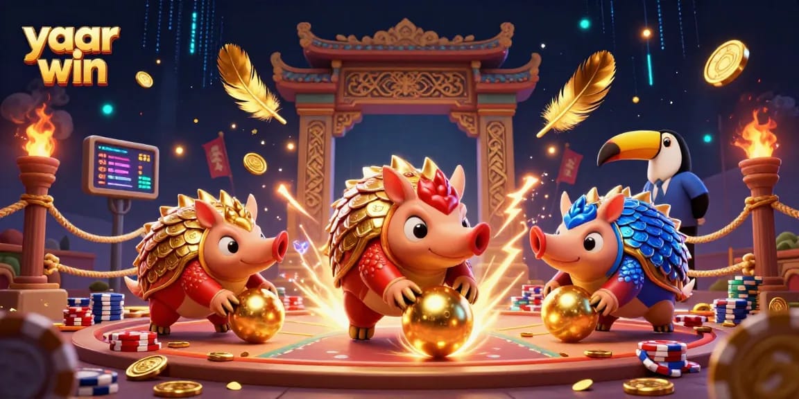 Experience yaar win with a vibrant illustration of rival pangolins in a thrilling casino game scene.