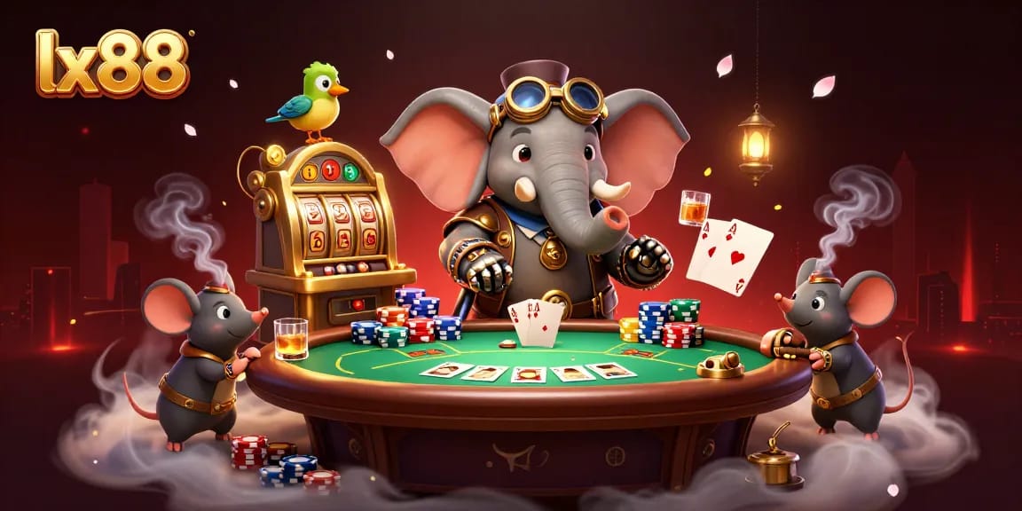 Experience the thrilling lx88 gaming adventure with our steampunk elephant engineer at the slot machine amidst vibrant casino elements.