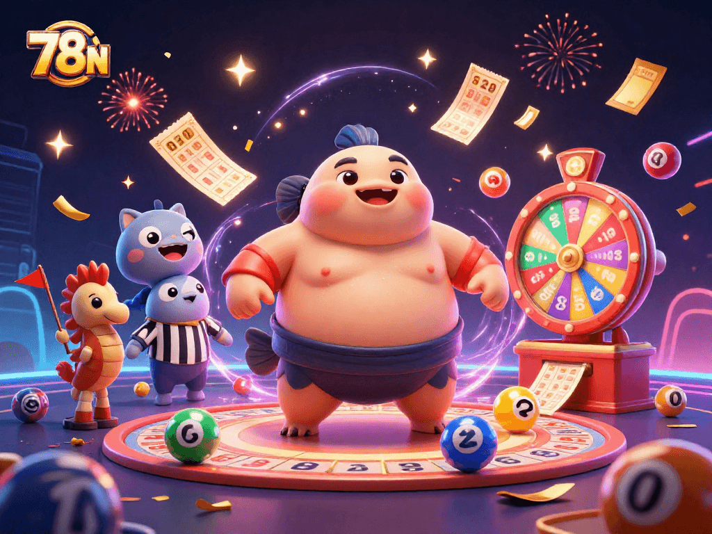 78N apresenta um fugu de desenho animado com elementos vibrantes de loteria em uma cena festiva
