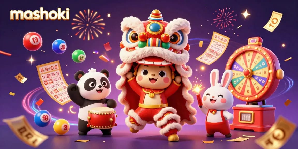 Experience the excitement of mashoki with animated lottery balls and festive characters in a vibrant casino scene.