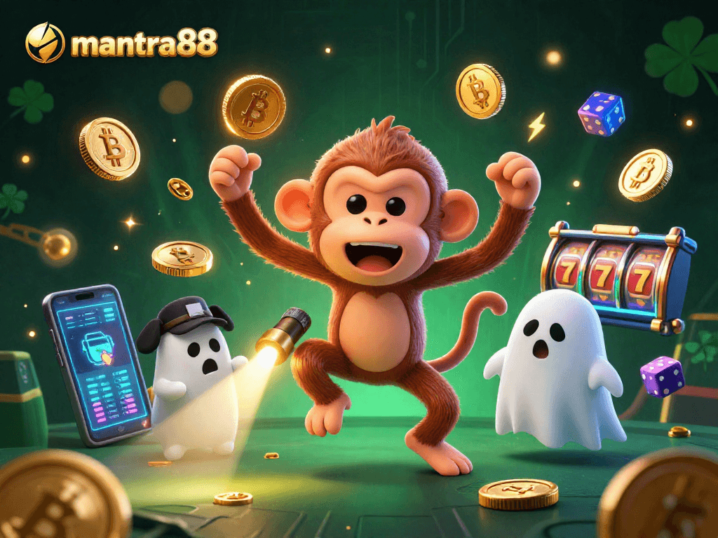 Engage with mantra88's vibrant casino scene featuring a mischievous monkey juggling gold.