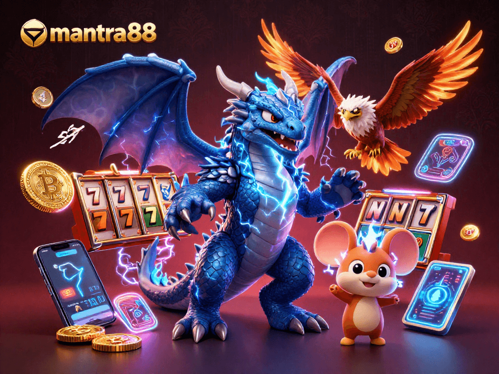 Experience exciting gameplay with mantra88's dynamic casino elements in a vivid 3D illustration.