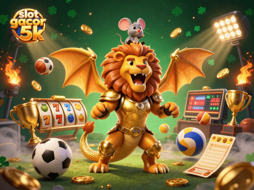 Capture the excitement of slot gacor 5k with a vibrant, detailed casino scene featuring a golden chimera and dynamic elements.
