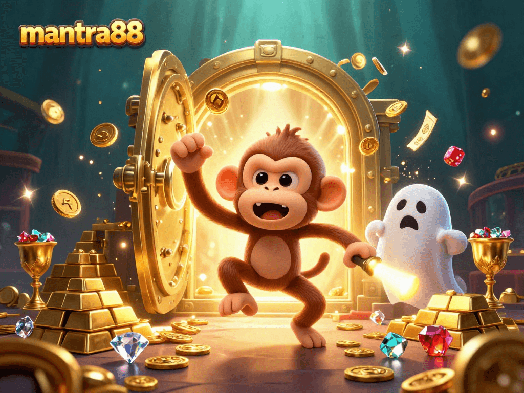 mantra88 showcases a playful poltergeist monkey and a curious puppy in a vibrant casino scene.