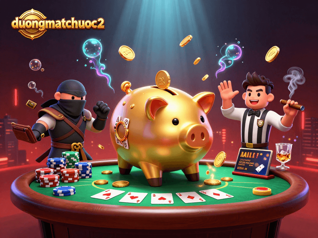In duongmatchuoc2, a huge golden piggy bank sumo wrestler celebrates a big win with flying coins and poker elements.
