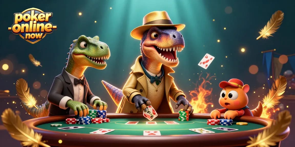 Experience the action at poker-online-now with a thrilling 3D scene of a velociraptor card counter at a poker table.