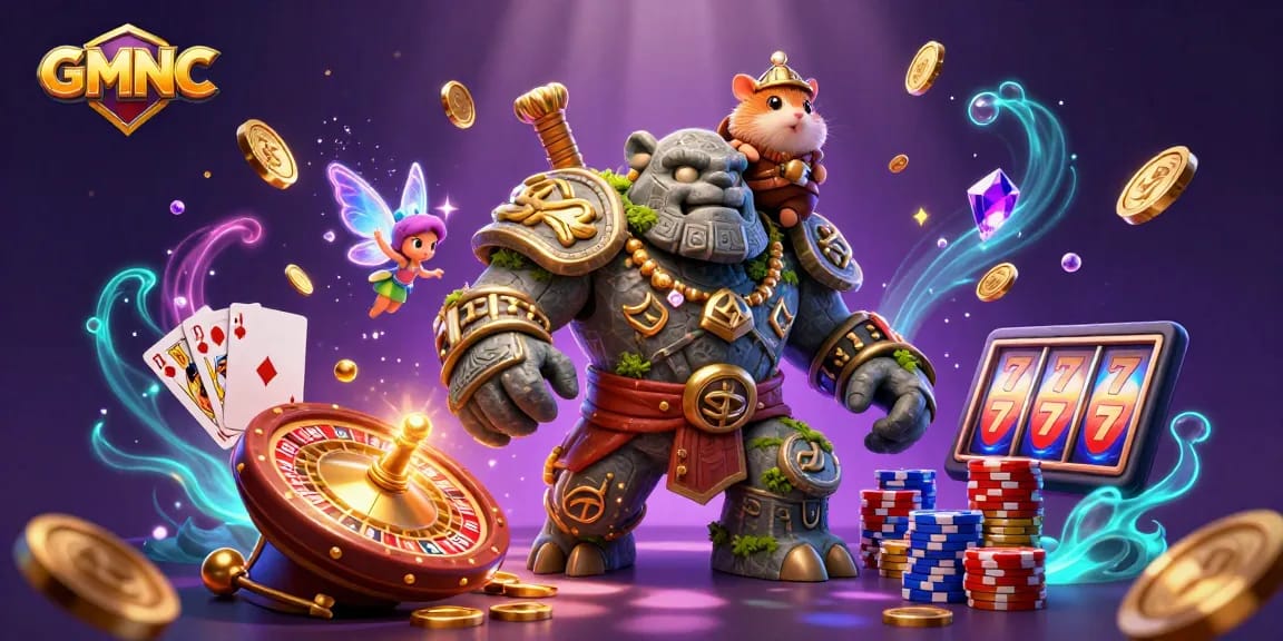 Engage with GMNC’s gaming world featuring a lively golem guardian, sparkling magic, and casino elements.