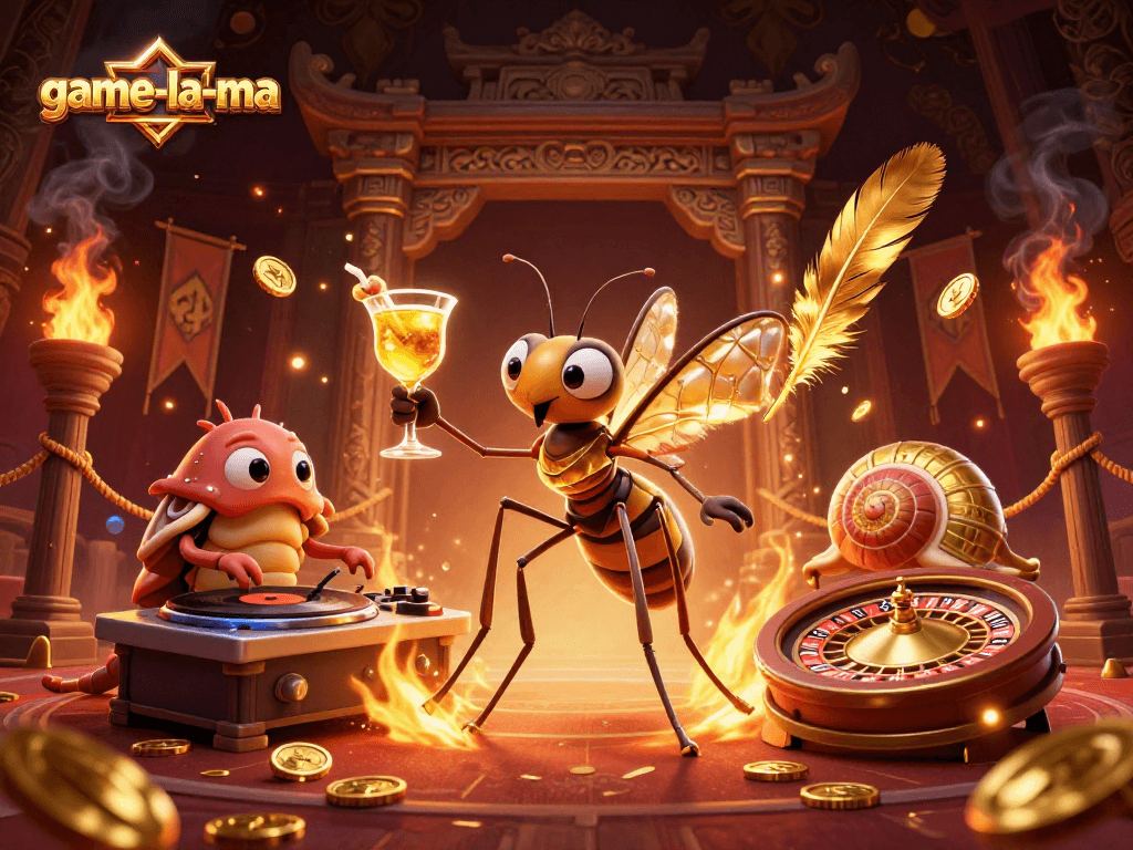 Engage with game-la-ma in an enchanting casino scene featuring unique characters and dynamic gaming elements.