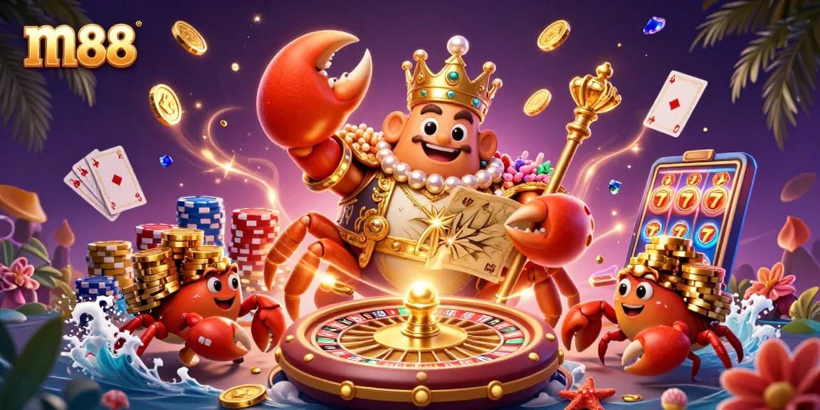 Experience m88's vibrant online gaming with shiny coins, colorful chips, and an emperor crab.