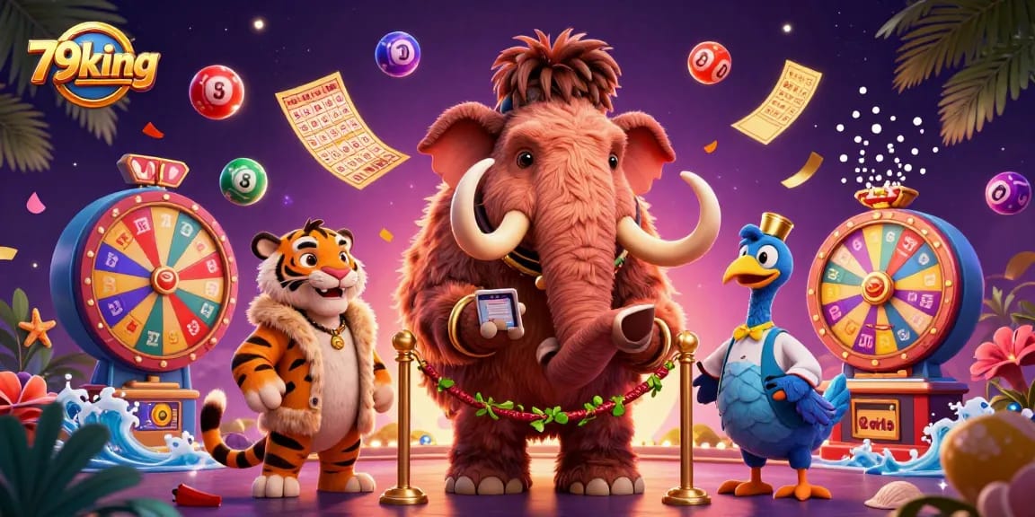 Engage with exciting lottery games at 79king, featuring dynamic colorful balls and fun VIP characters.