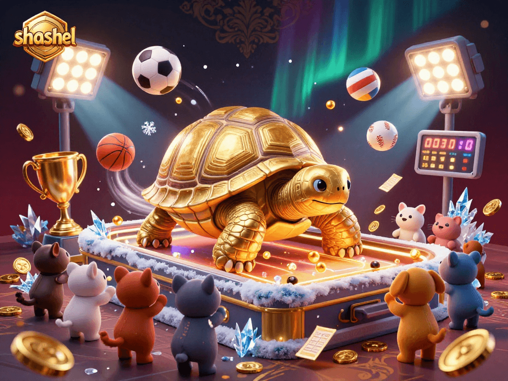 Catch the excitement of the shashel experience with a golden tortoise pinball machine, vibrant sports elements, and dynamic action.
