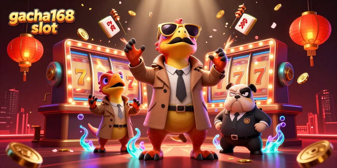 Experience gacha168 slot excitement with playful raptors in a trench coat at a VIP casino lounge.