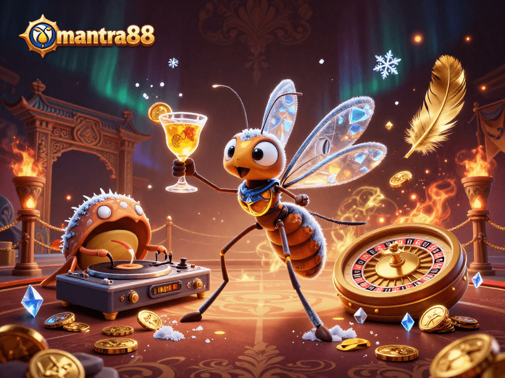 Engage in thrilling gaming at mantra88 with a lively casino-inspired scene featuring quirky characters.