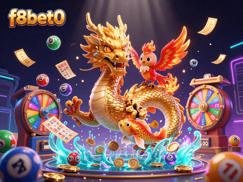Experience the excitement of f8bet0 with a dynamic illustration of gaming symbols, treasure, and mythical creatures.