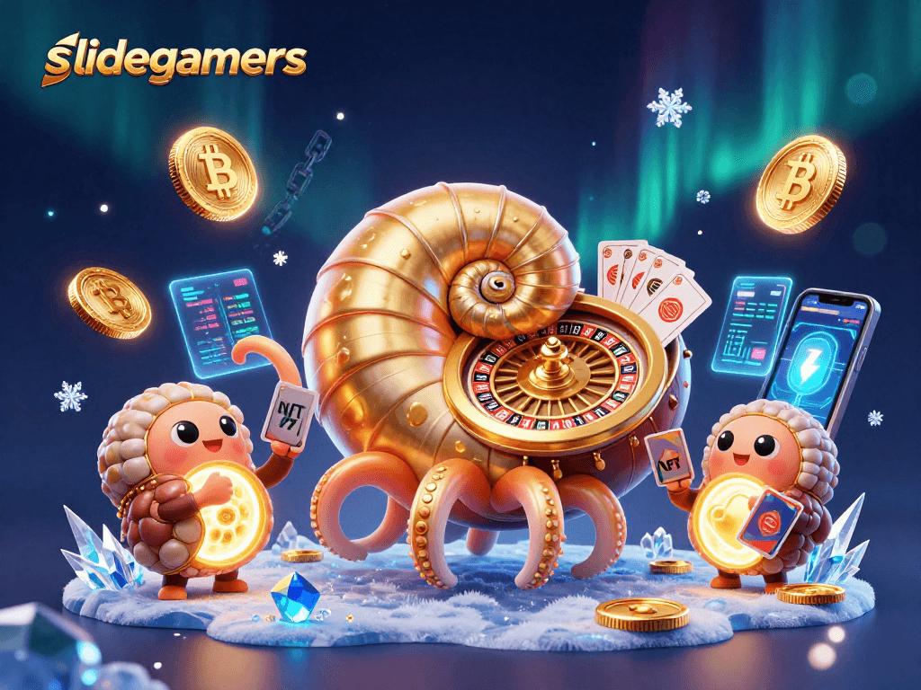 Engage in slidegamers gameplay with an ancient nautilus and dynamic cryptocurrency visuals in a vibrant casino scene.