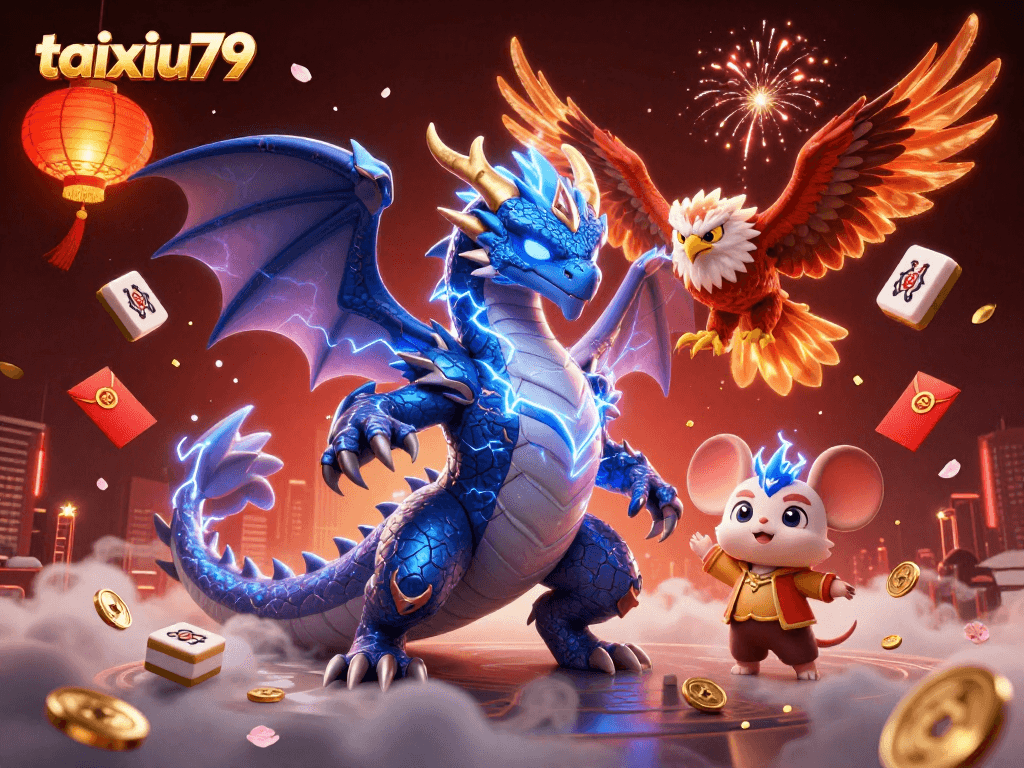 Experience the thrill of taixiu79 with this vibrant illustration showcasing animated creatures and rich gambling elements.