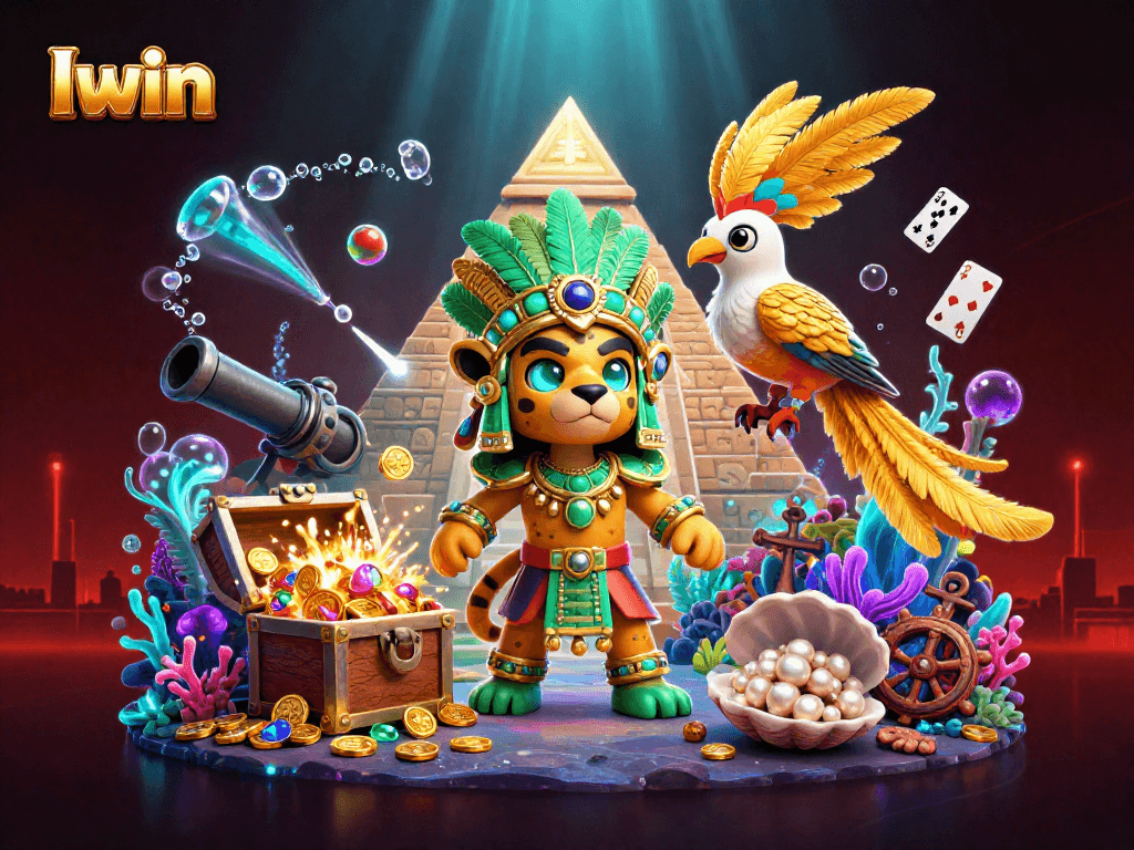 Iwin showcases an exciting underwater treasure scene filled with gold, gems, and casino elements.
