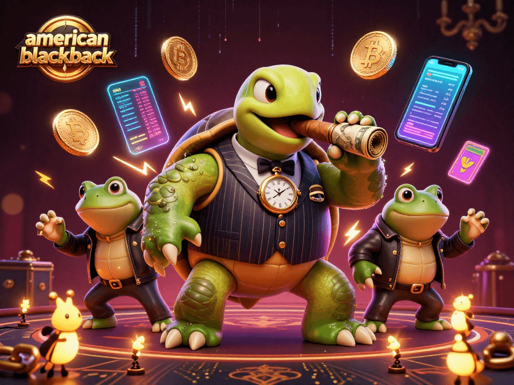 Engage in american-blackjack with the enchanting turtle mobster and his bullfrog enforcers amidst vibrant neon casino imagery.
