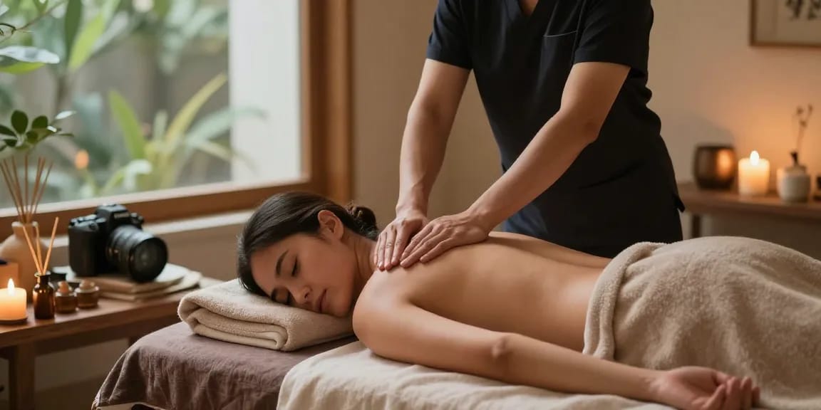 마사지 테라피를 받는 고객과 치료사의 편안한 스파 환경