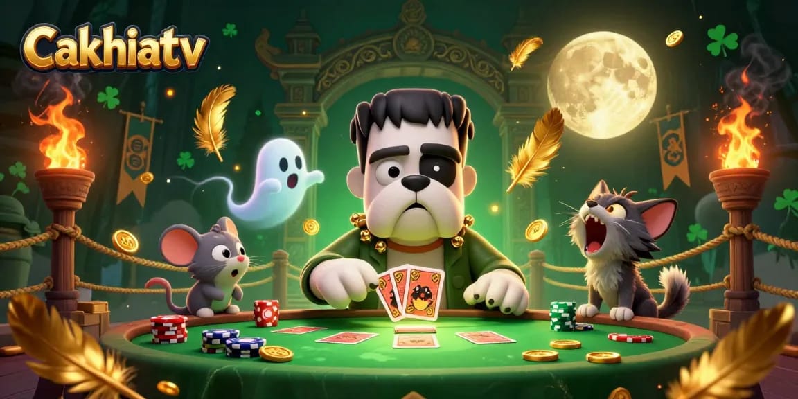 Cakhiatv features a playful 3D scene of a Frankenstein bulldog monster dealing cards, illustrating an exciting gaming atmosphere.