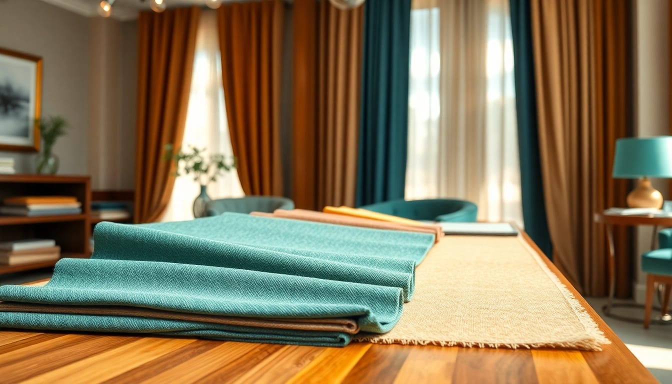 Discover stof op maat with vibrant fabric swatches beautifully arranged in a professional setting.