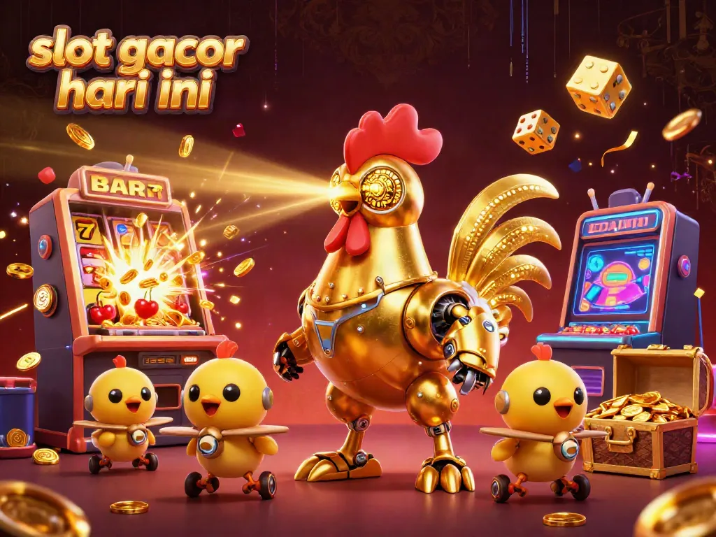 Ilustrasi slot gacor hari ini dengan robot ayam dan drone, jackpot bersinar terbuka, simbol keberuntungan berterbangan.