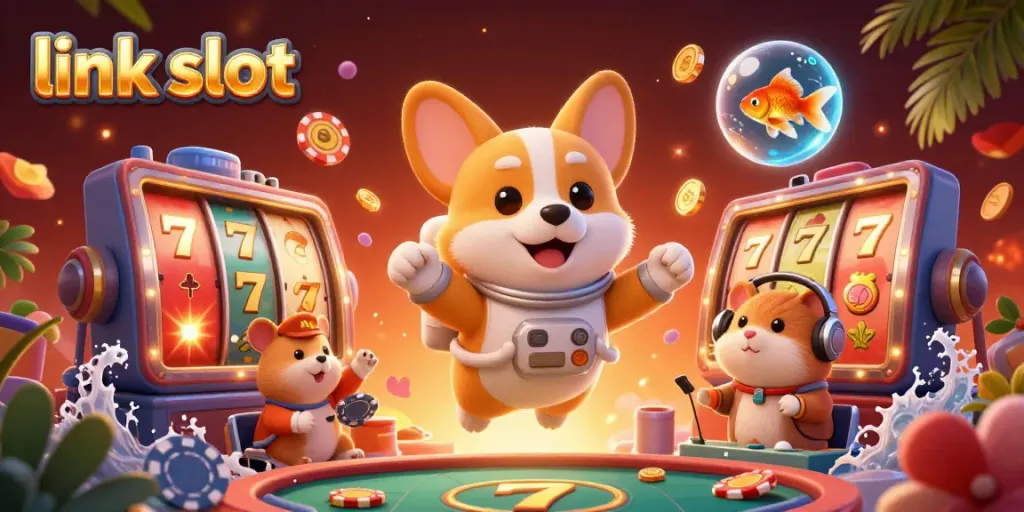 Menangkan simbol slot dari permainan "link slot" di kasino luar angkasa dengan karakter lucu dan elemen menarik.