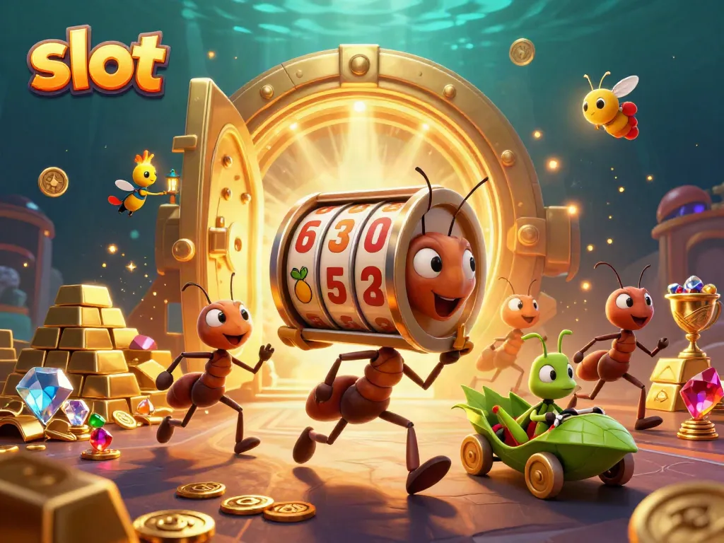 Menggenggam slot raksasa, tim semut kartun beraksi di kasino dengan harta karun berkilauan.