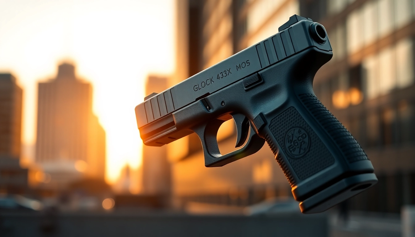 Glock 43X MOS pistol displayed with urban backdrop highlighting its features.