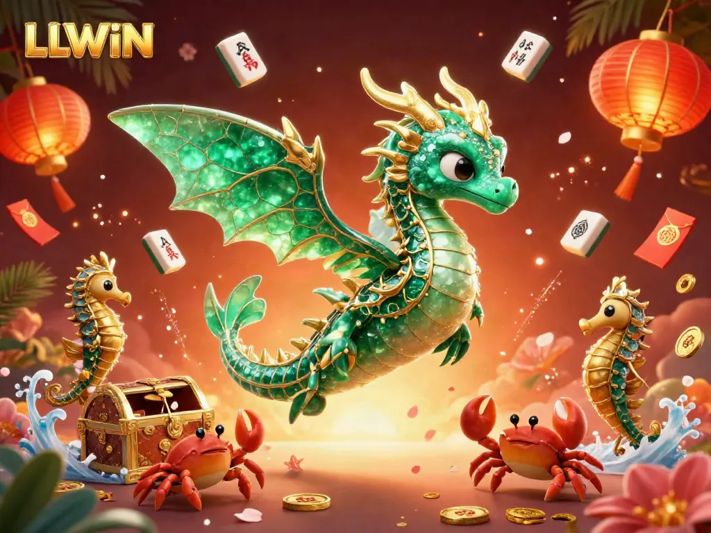 Experience LLWIN's vibrant world with a majestic sea dragon and colorful casino elements fluttering in a festive atmosphere.