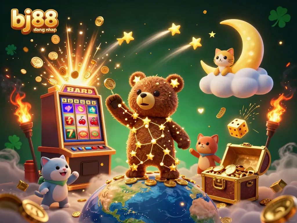 Engage with bj88 dang nhap in a vibrant 3D casino scene filled with colorful gaming elements and treasures.