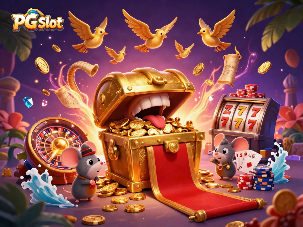 Mainan slot PG Slot dengan peti harta karun yang menggoda, koin emas, dan efek kasino menarik lainnya.