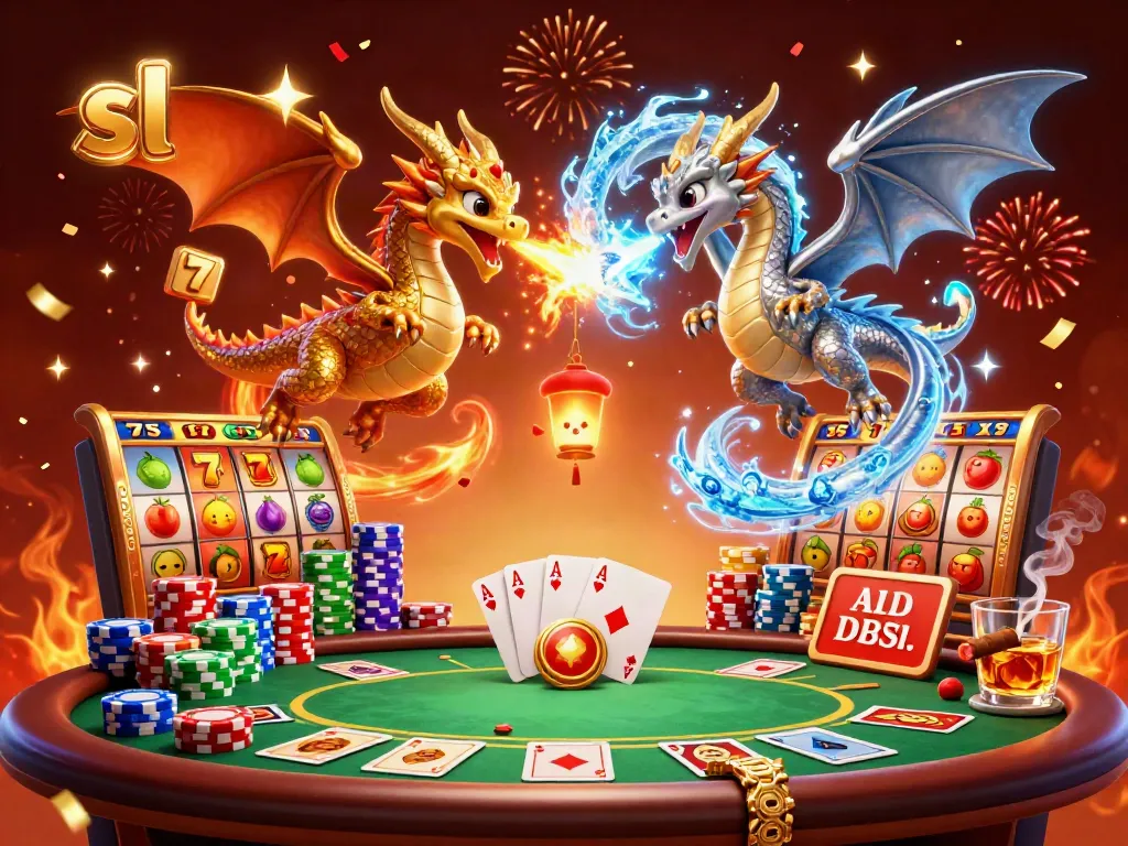 Slot permainan yang menampilkan naga terbang dengan efek yin-yang dan elemen kasino lainnya.